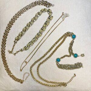 Gold Tone Necklace Lot – Chunky Chain, Turquoise Accent & Rhinestone Pendant